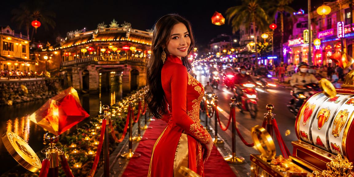 Cô gái tại Hội An mặc áo dài kiểm tra kết quả xổ số và đặt lô đề trên điện thoại