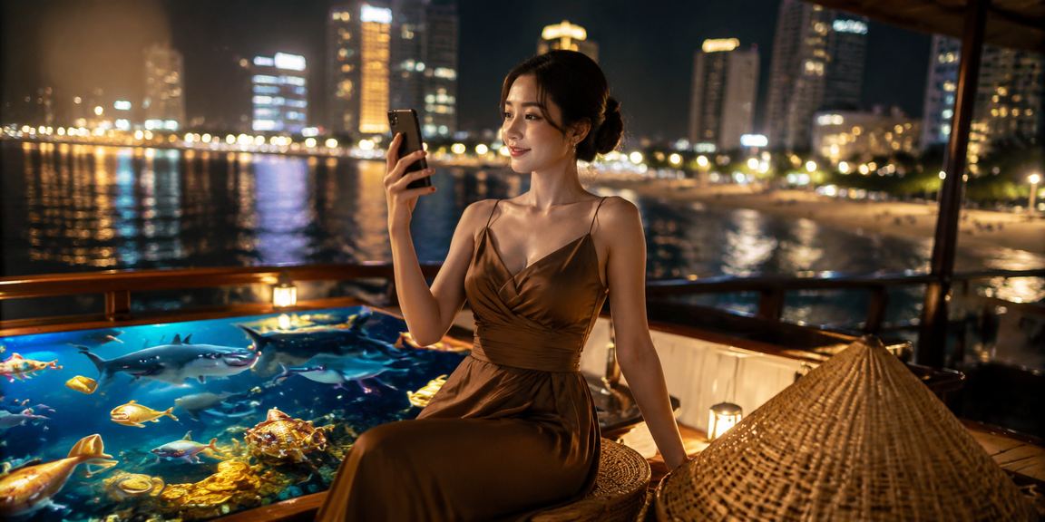 Người dùng tại Nha Trang dùng điện thoại trải nghiệm casino mobile bên bờ biển